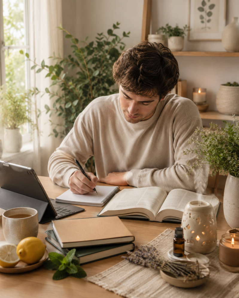 Student aan bureau met etherische olie en diffuser voor een rustig studiemoment tijdens de examenperiode