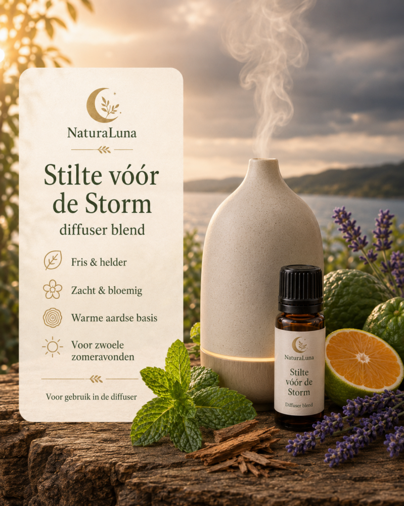 Diffuser met NaturaLuna Stilte vóór de Storm blend, omringd door pepermunt, lavendel, bergamot en cederhout in een warme zomerse sfeer.