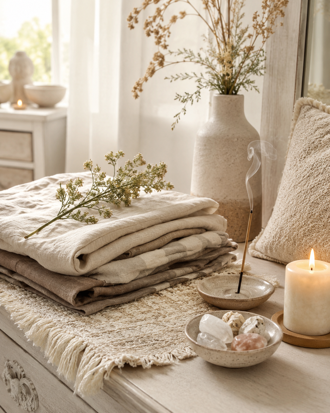Gevouwen linnen textiel met wierook, kaars en kristallen voor een rustig ritueelhoekje in huis.
