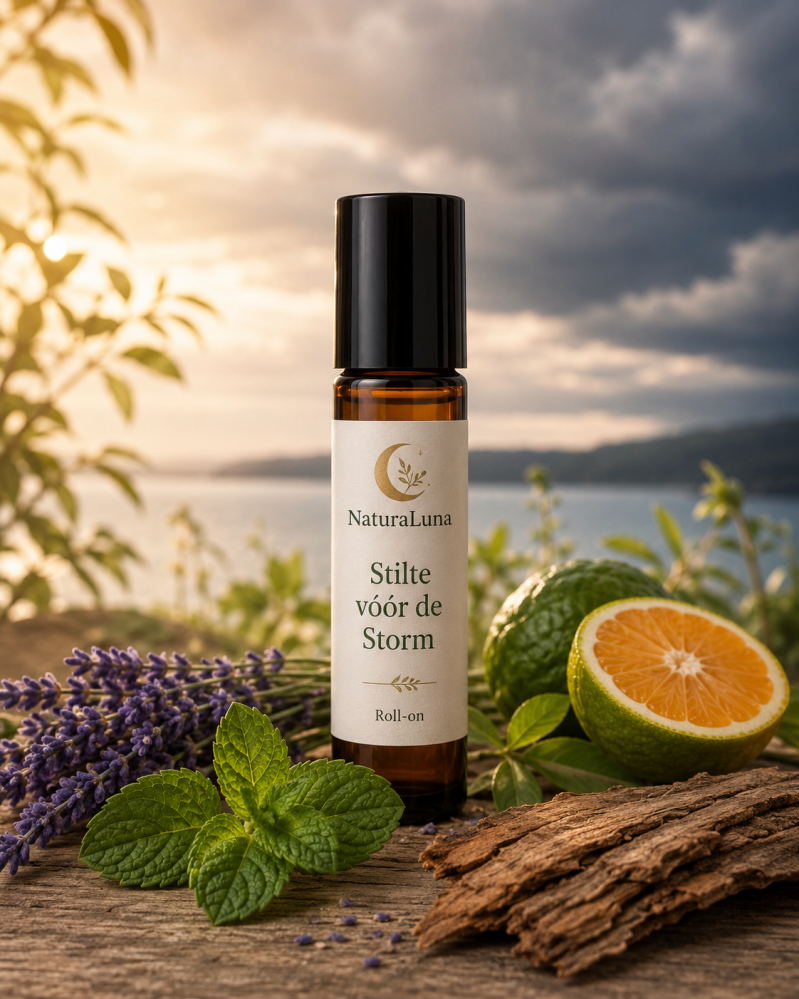 NaturaLuna roll-on Stilte vóór de Storm met pepermunt, lavendel, bergamot en cederhout voor zwoele zomeravonden.