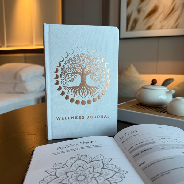 Witte wellness journal met roze gouden Tree of Life, 120 pagina's