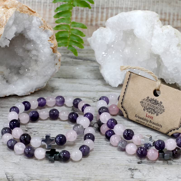 Vriendschapsarmbandjes ''Love'' met Amethist & Rozenkwarts | Handgemaakt Boho Sieraad