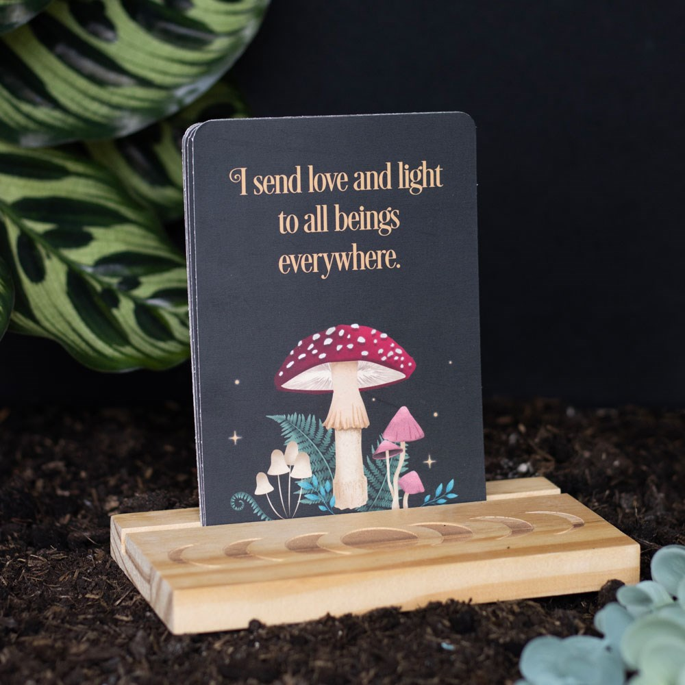 🌲✨ Affirmatie Kaarten met Houten Maanhouder – Dark Forest Set