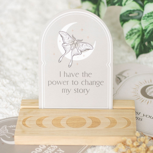 🌙🦋 Maanvlinder Affirmatiekaarten met Houten Standaard