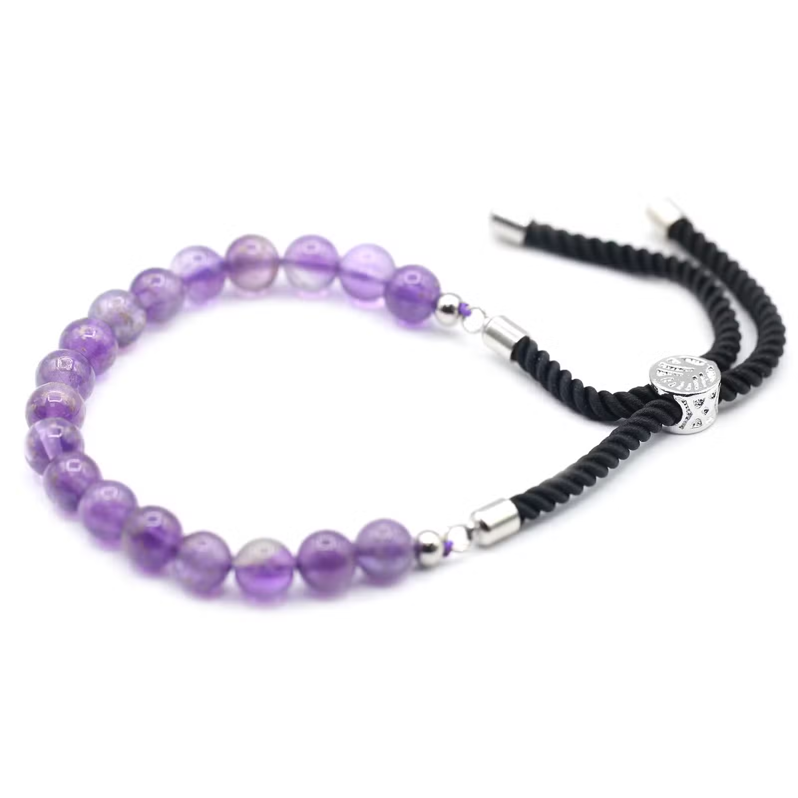925 Zilver Vergulde Edelsteen Zwarte String Armband – Amethist
