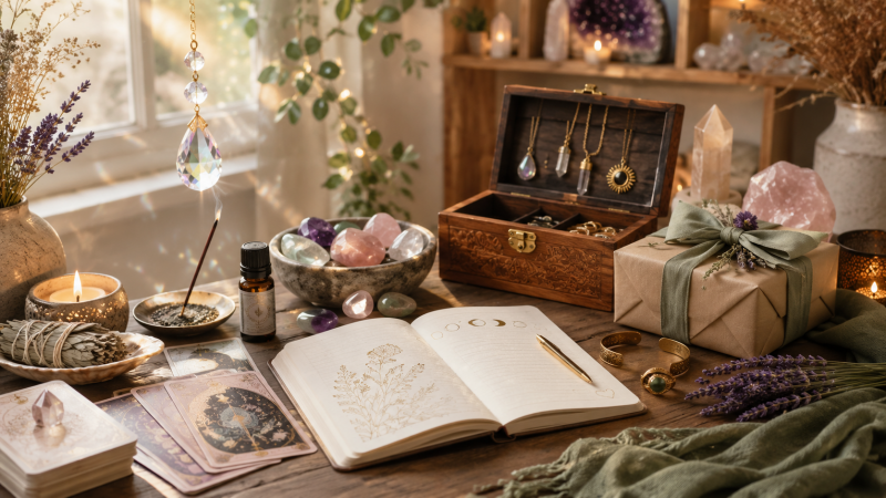 Bureau met spirituele producten zoals edelstenen, tarotkaarten en pendels. Er staat ook al een ingepakte doos klaar om naar een klant te vertrekken.