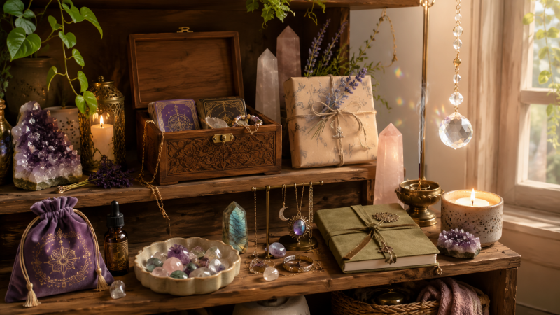 Houten rek met diverse spitiruele producten zoals edelstenen, tarotkaarten, kaarsen. Er staan ook pakketjes die klaar zijn om naar de klant verzonden te worden.