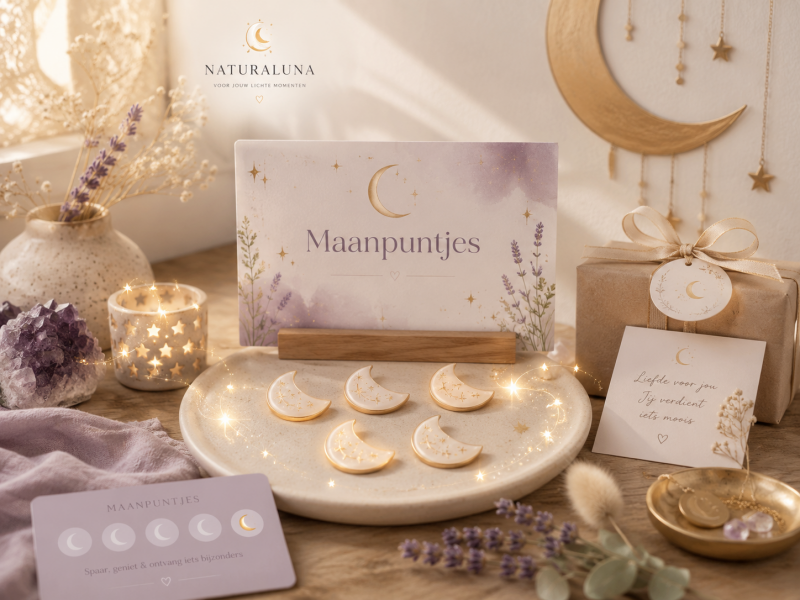 cadeaukaart met de tekst maanpuntjes in een spiritueel decor met maantjes, theelicht en sterretjes