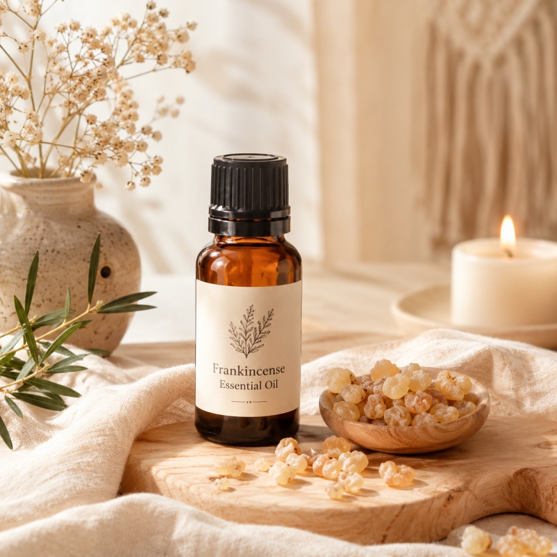 flesje met Frankincense etherische olie naast een schaaltje met hars en een kaars.