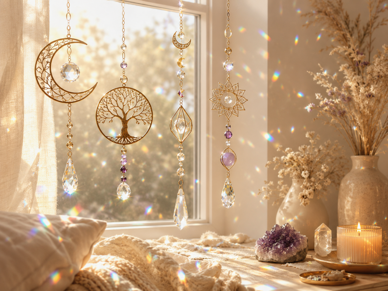 Suncatchers met maan, Levensboom, kristallen en amethist voor een zonnig raam, met zachte regenboogreflecties in een warm boho-interieur.