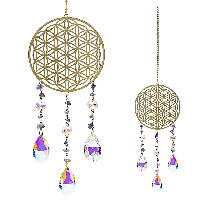 Suncatcher Flower of Life goudkleurig met amethist