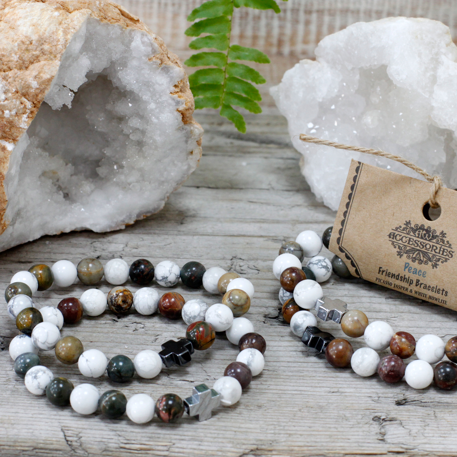 Vriendschapsarmbandjes ''Peace'' met Picasso Jaspis & witte Howliet | Handgemaakt Boho Sieraad