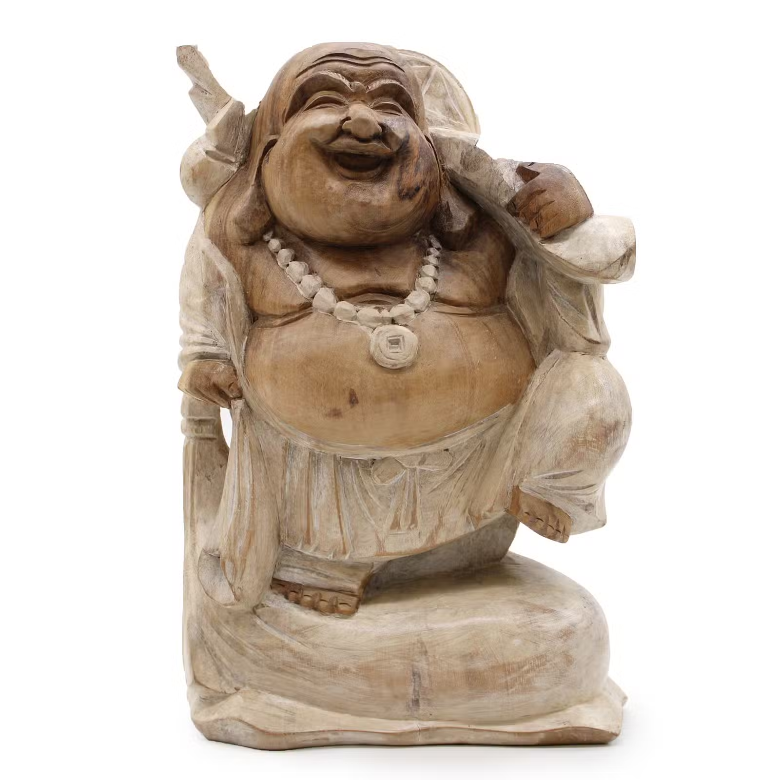 Handgesneden Boeddha Beeld 30 cm – Suar Wood (Whitewash)