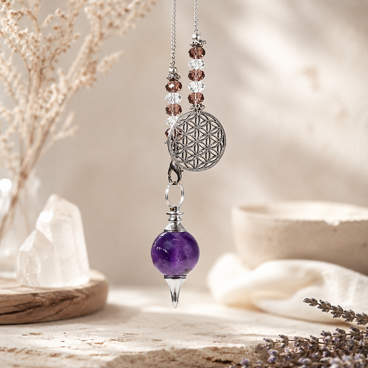Pendel amethist bolvorm met Bloem des Levens ketting