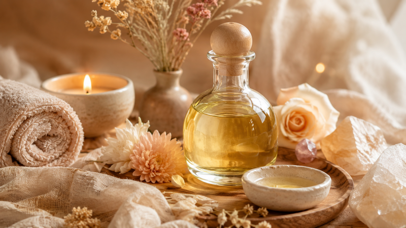 Massageolie in glazen fles met kaars, bloemen, handdoek en kristallen voor een zacht zelfzorgritueel