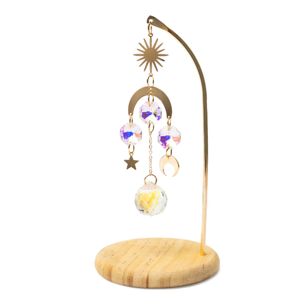 Suncatcher op houten voet met zon, maan en ster