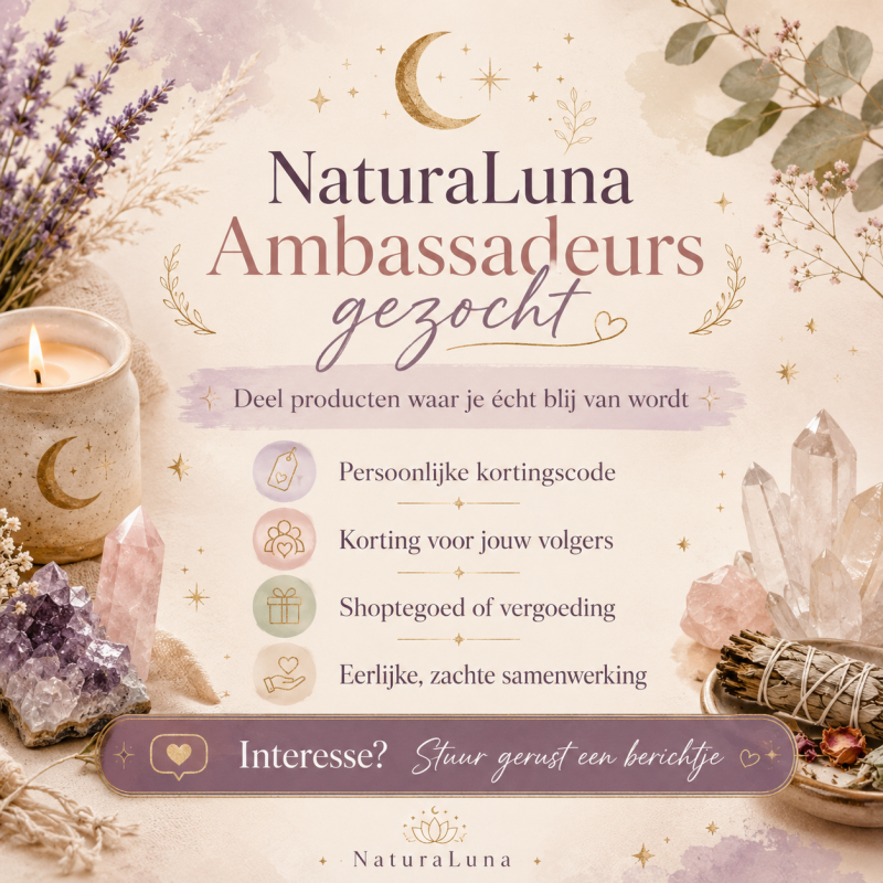 naturaluna afbeelding met kaars en smudge en informatieve tekst over het ambassadeurs programma