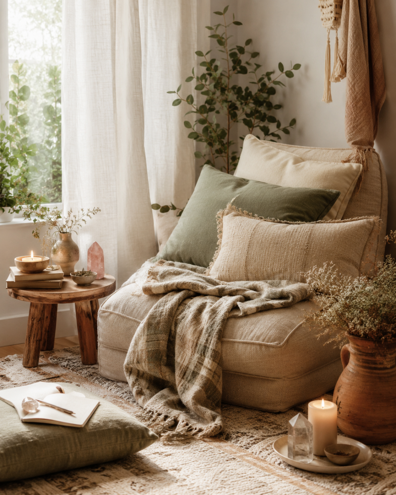 Zachte leeshoek met linnen plaid, kussens, kaars en natuurlijke accenten voor spiritualiteit in huis.