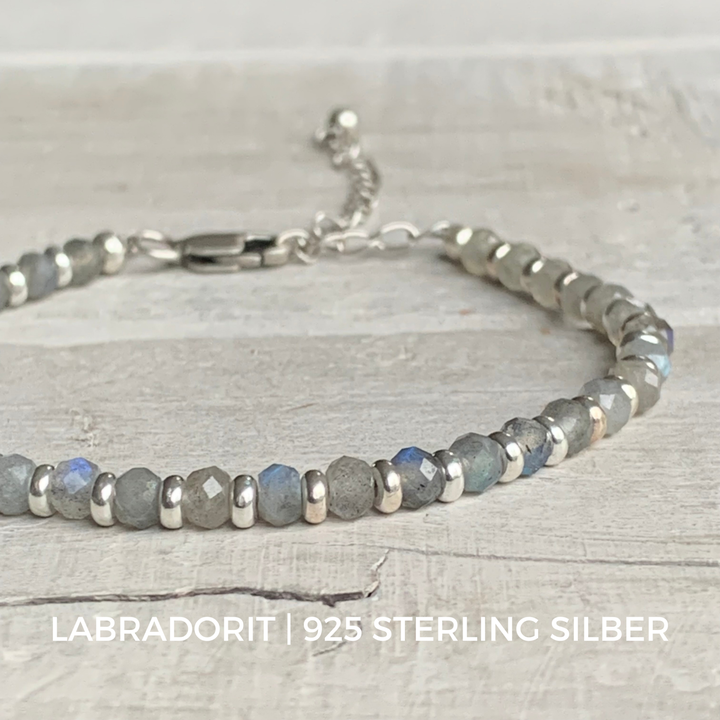 LABRADORIT Edelstein Armband | 925 Sterling Silber Verschluss | 4 mm Rondelle | SOMMERNACHT