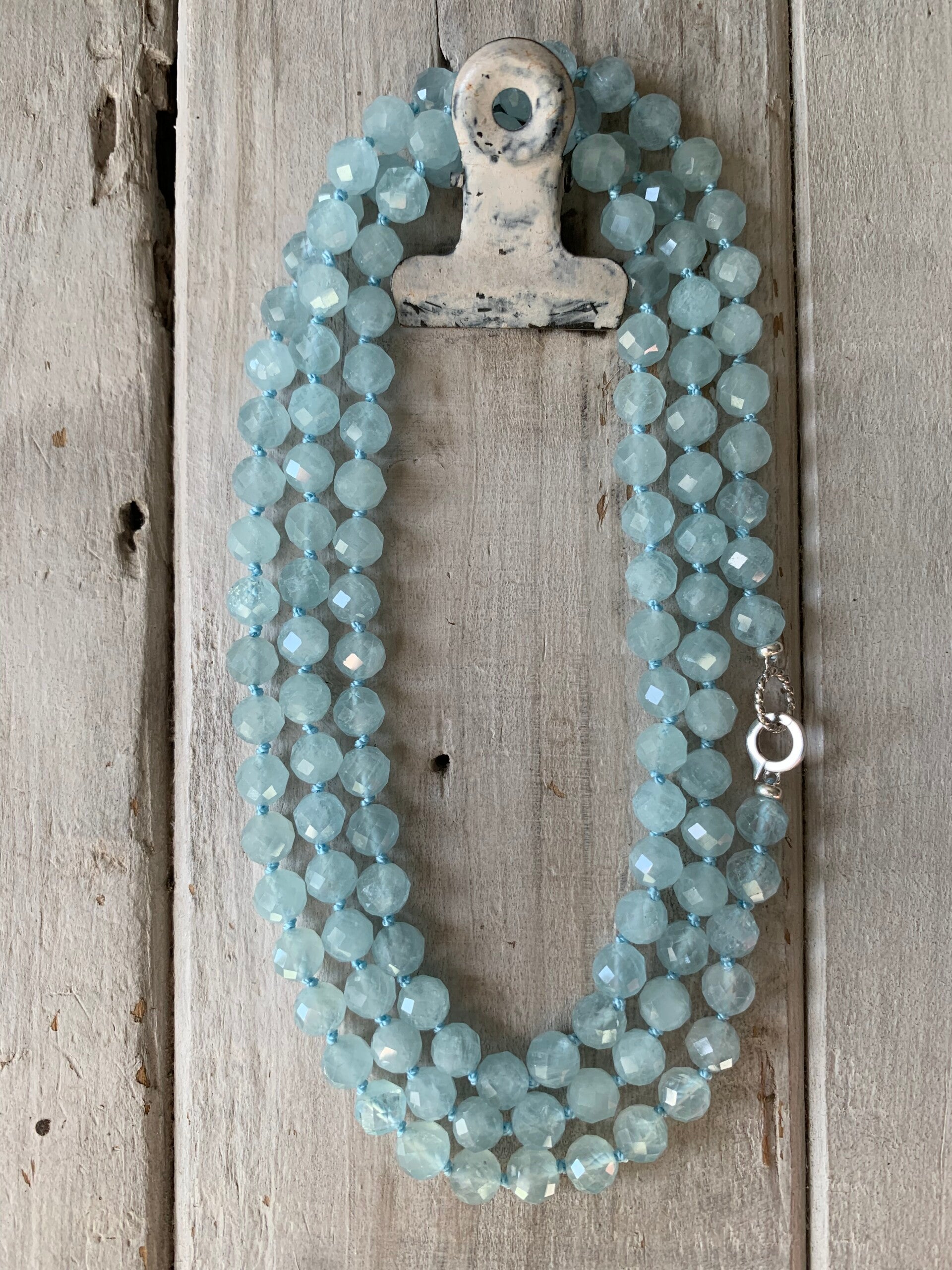 AQUAMARIN Mala Edelstein Kette + Armband | 2-in-1 | 925 Sterling Silber | 6 mm | handgeknüpft | WOLKENFREI