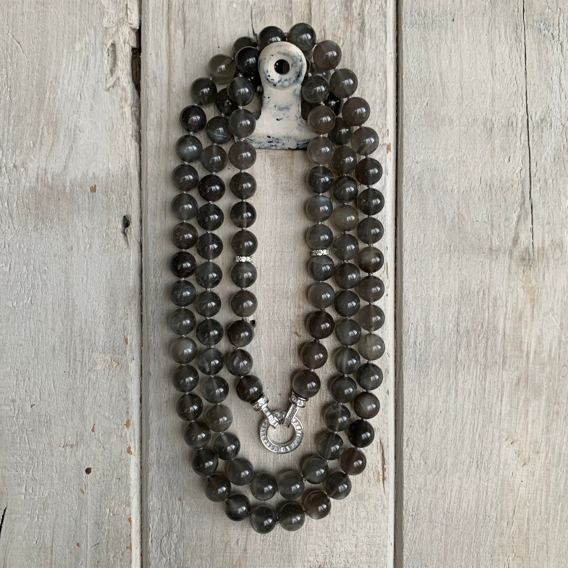 MONDSTEIN Edelstein Halskette | 925 Sterling Silber | handgeknüpft | 8 mm | MONDNACHT