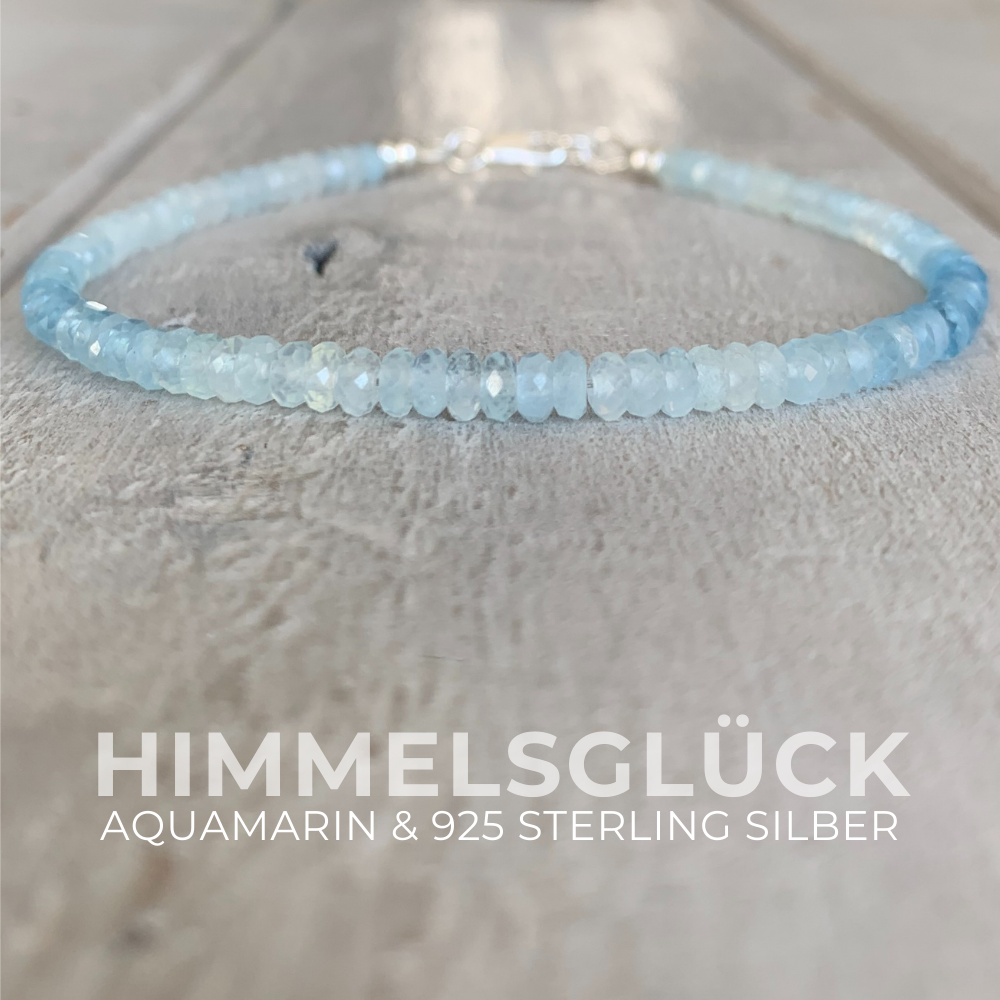 AQUAMARIN Edelstein Armband | 925 Sterling Silber | 4 mm Rondelle Farbverlauf | HIMMELSGLÜCK