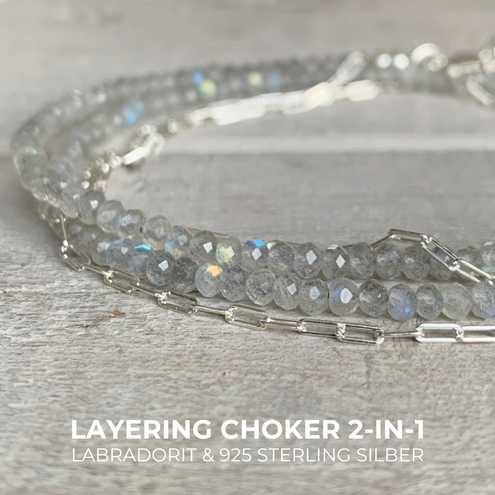LABRADORIT & PAPERCLIP Choker Edelstein Kette | 925 Sterling Silber | 2-in-1 | 3 mm | SELBSTLIEBE