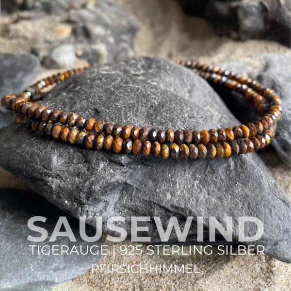 TIGERAUGE Edelstein Halskette | kurzer Edelstein Choker | 925 Sterling Silber | 4 mm | SAUSEWIND