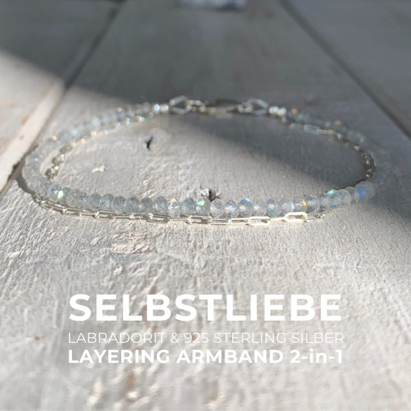 LABRADORIT & PAPERCLIP Edelstein Armband | 925 Sterling Silber Verschluss | 2-in-1 | 3 mm Rondelle | SELBSTLIEBE
