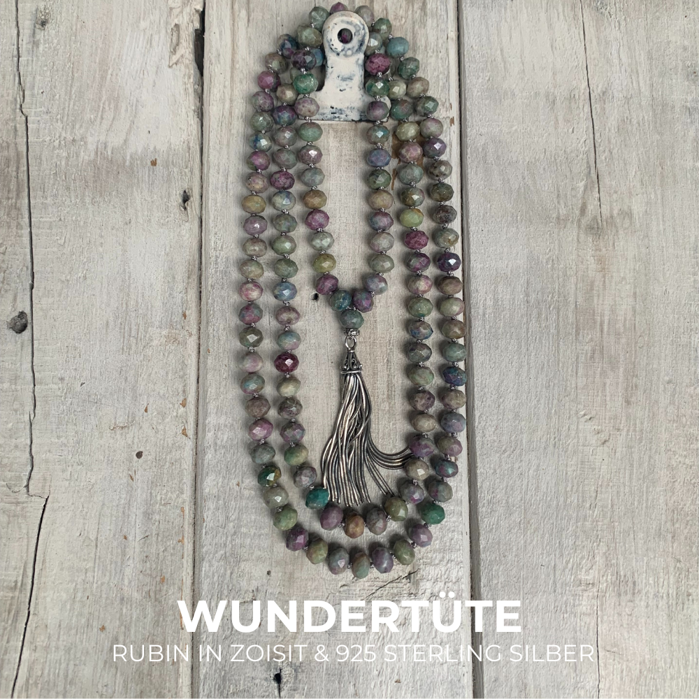 RUBIN IN ZOISIT Edelstein Mala Kette | 925 Sterling Silber Quaste | handgeknüpfte Rondelle 8 mm | WUNDERTÜTE