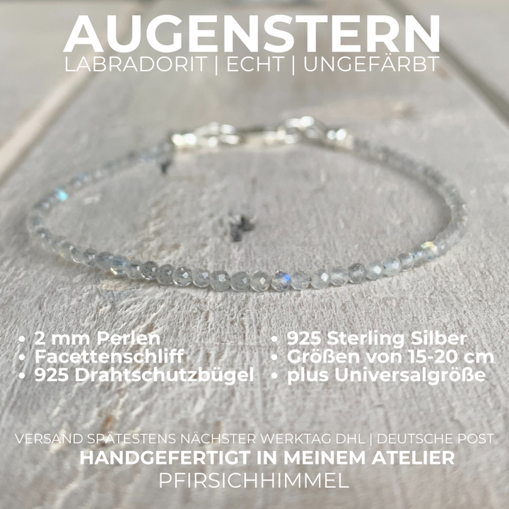 LABRADORIT Edelstein Armband | 925 Sterling Silber Verschluss | 2 mm Perlen | AUGENSTERN