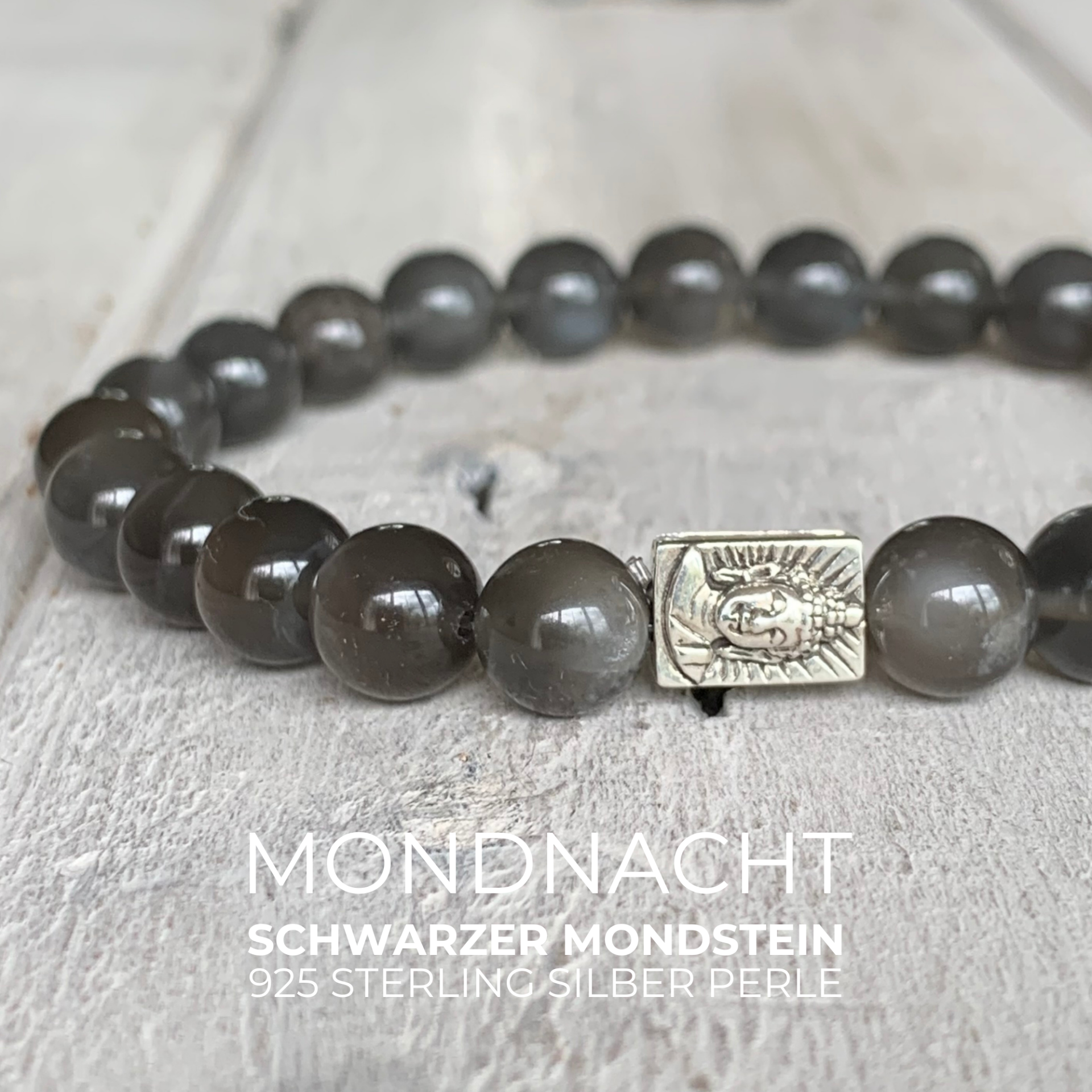 MONDSTEIN EDELSTEIN ARMBAND 8 mm | 925 Sterling Silber Buddha Perle  | MONDNACHT