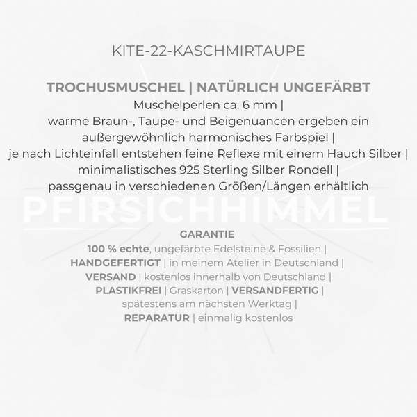 TROCHUSMUSCHEL Armband | 925 Sterling Silber | filigranes Schmuckstück aus Perlmutt | 6 mm rund | KITE-22-KASCHMIRTAUPE