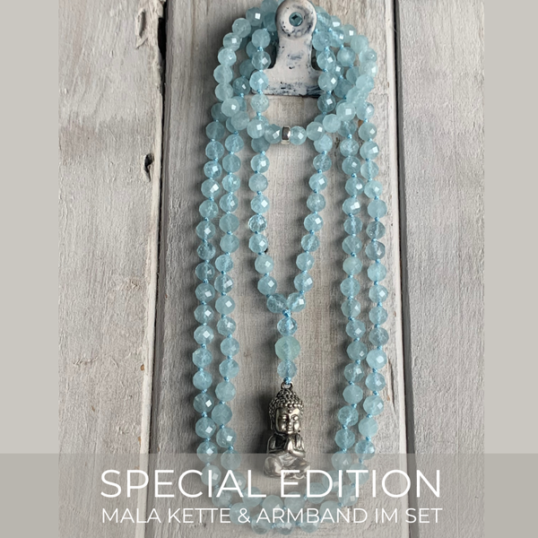 AQUAMARIN Mala Kette & Armband im Set | WOLKENFREI BUDDHA | SPECIAL EDITION