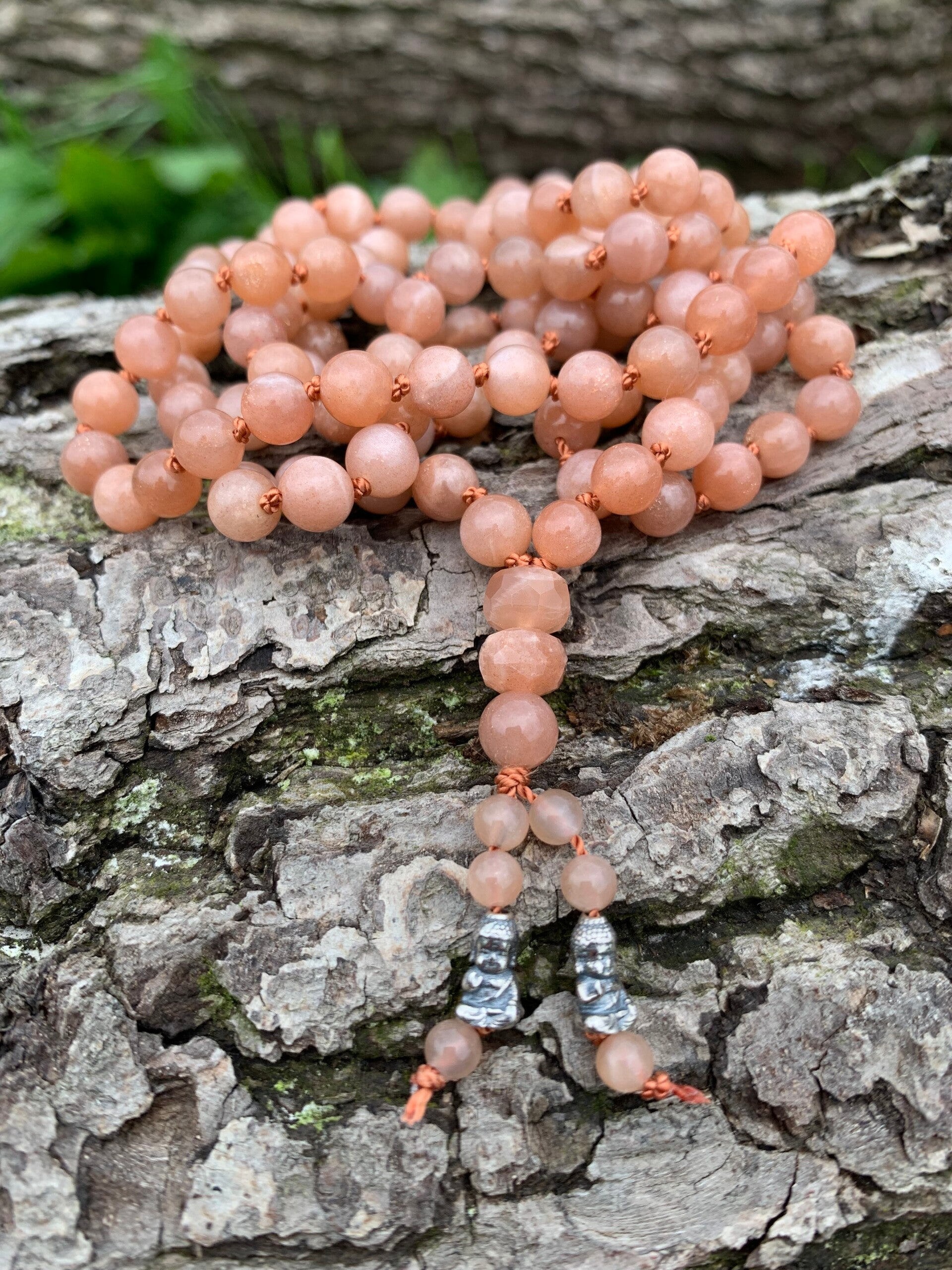 SONNENSTEIN Edelstein Mala Kette | 925 Sterling Silber Buddha | lange Halskette | 6 mm | handgeknüpft | SONNENSEITE