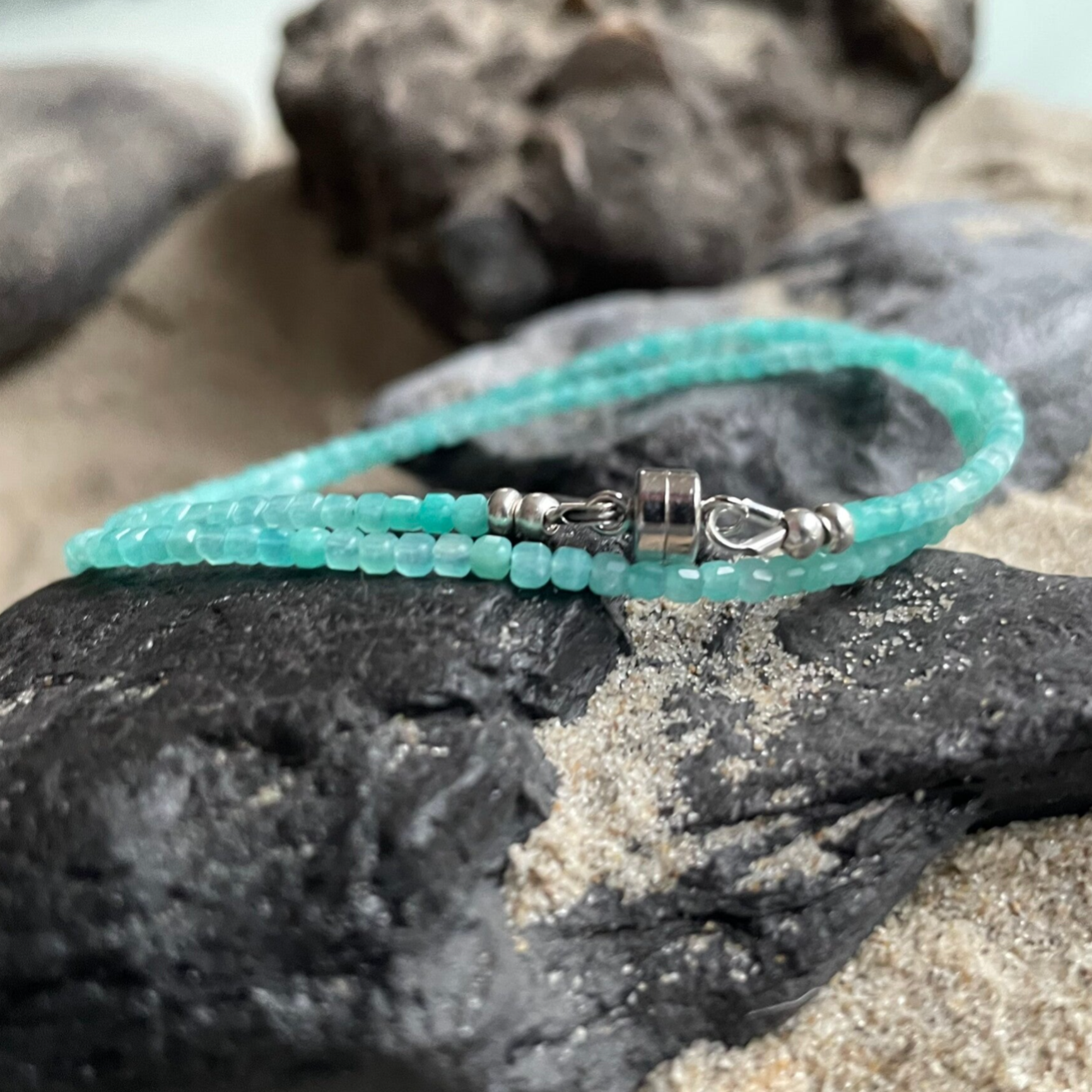 AMAZONIT Edelstein Halskette | kurzer Choker | handgefertigter echter Schmuck | 925 Sterling Silber MAGNETVERSCHLUSS | 2,5 mm quadratisch | EISVOGEL