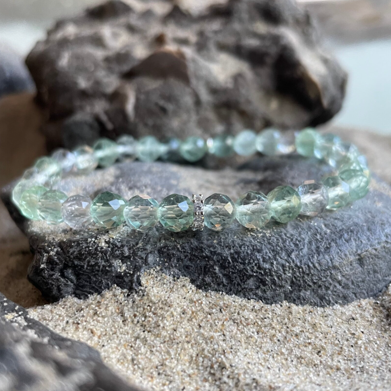 FLUORIT Edelstein Armband & MITBRINGSEL | 2-tgl. Schmuck-Set | Micro-Pavè-Zirkonia mit 925 Sterling Silber | 6 mm | WASSERLILIE SPARKLE