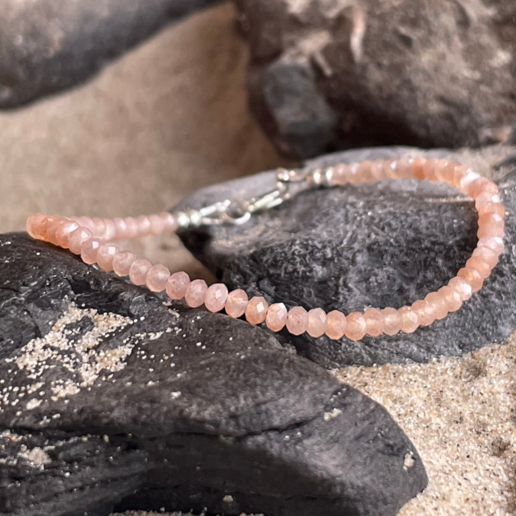 PFIRSICHMONDSTEIN Edelstein FUßKETTCHEN mit 925 Sterling Silber Verschluss | 3 mm Rondelle | PFIRSICHBLÜTE