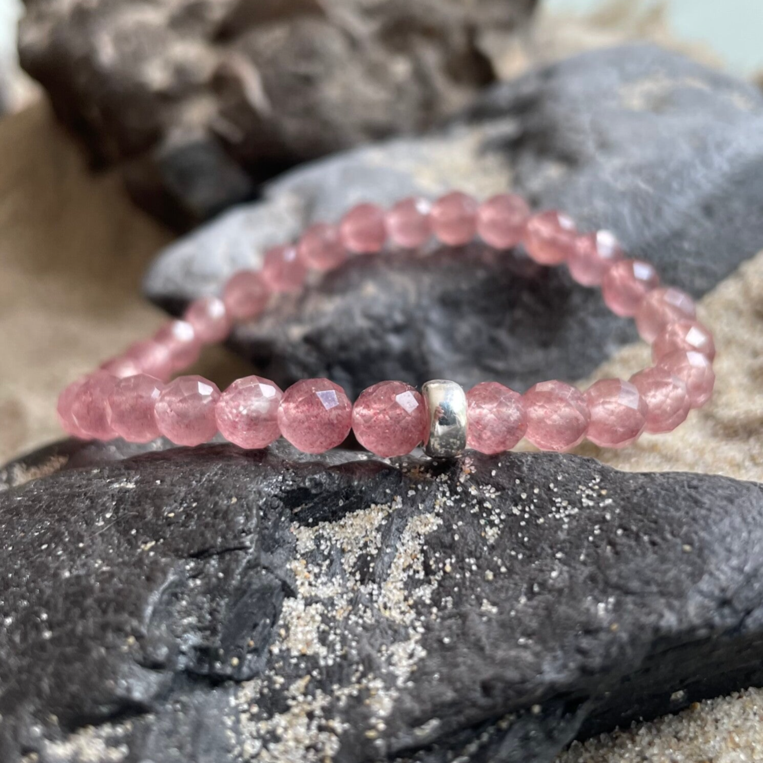 ERDBEERQUARZ Edelstein Armband | 925 Sterling Silber | 6 mm | ERDBEERTORTE