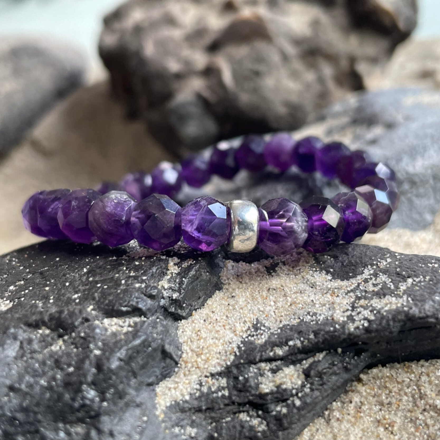 AMETHYST Edelstein Armband | handgefertigter Schmuck | 925 Sterling Silber minimalistisch | ca. 7,5 - 8 mm Rondelle | HEIDEBLÜTE minimalistisch