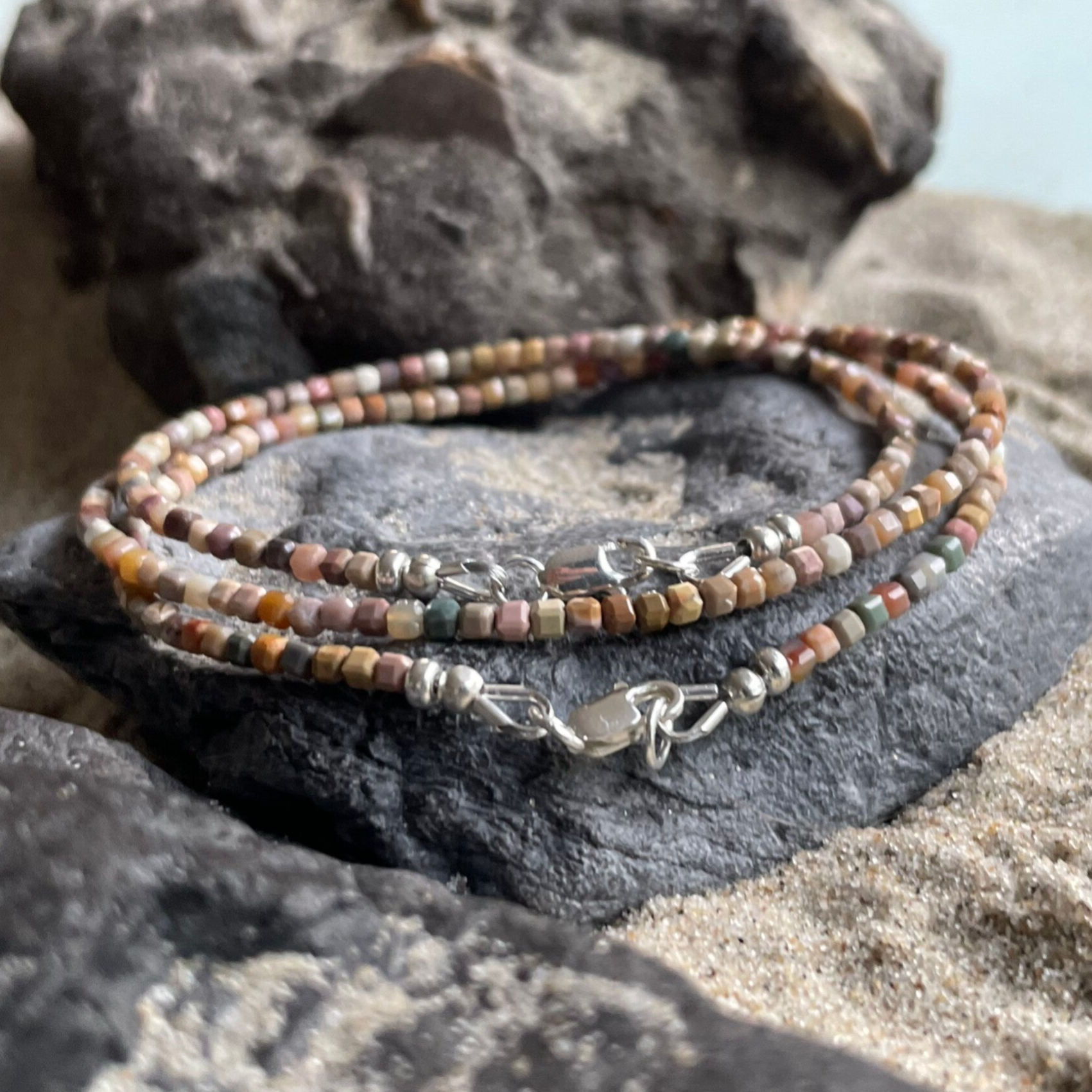 ACHAT Edelstein Armband mit 925 Sterling Silber VERSCHLUSS | Schmuck in Naturnuancen | 2 mm quadratisch | NATURSEELE