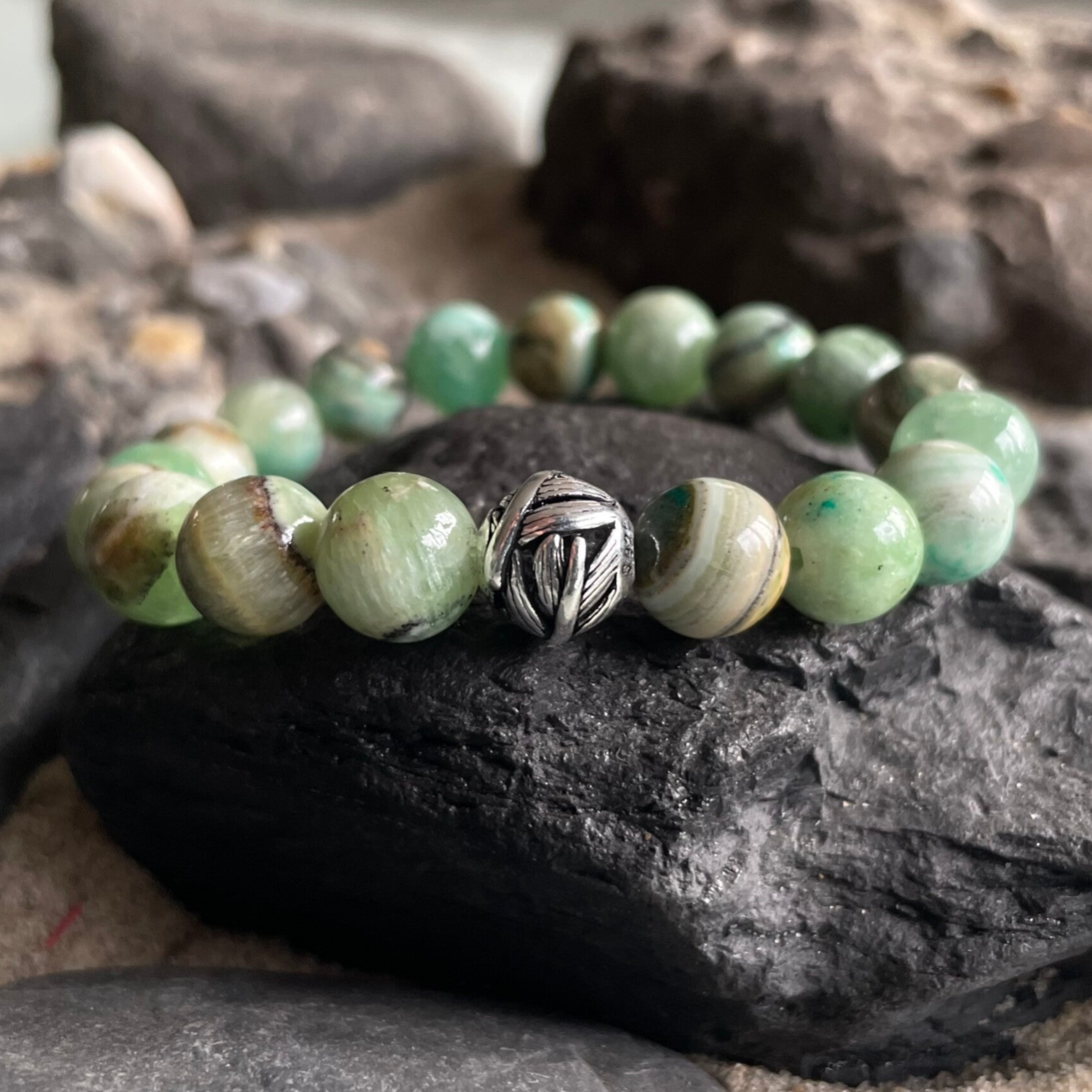 JASPIS Edelstein Armband | 925 Sterling Silber Perle | 10 mm | GEBIRGSBACH BLATT/FEDER