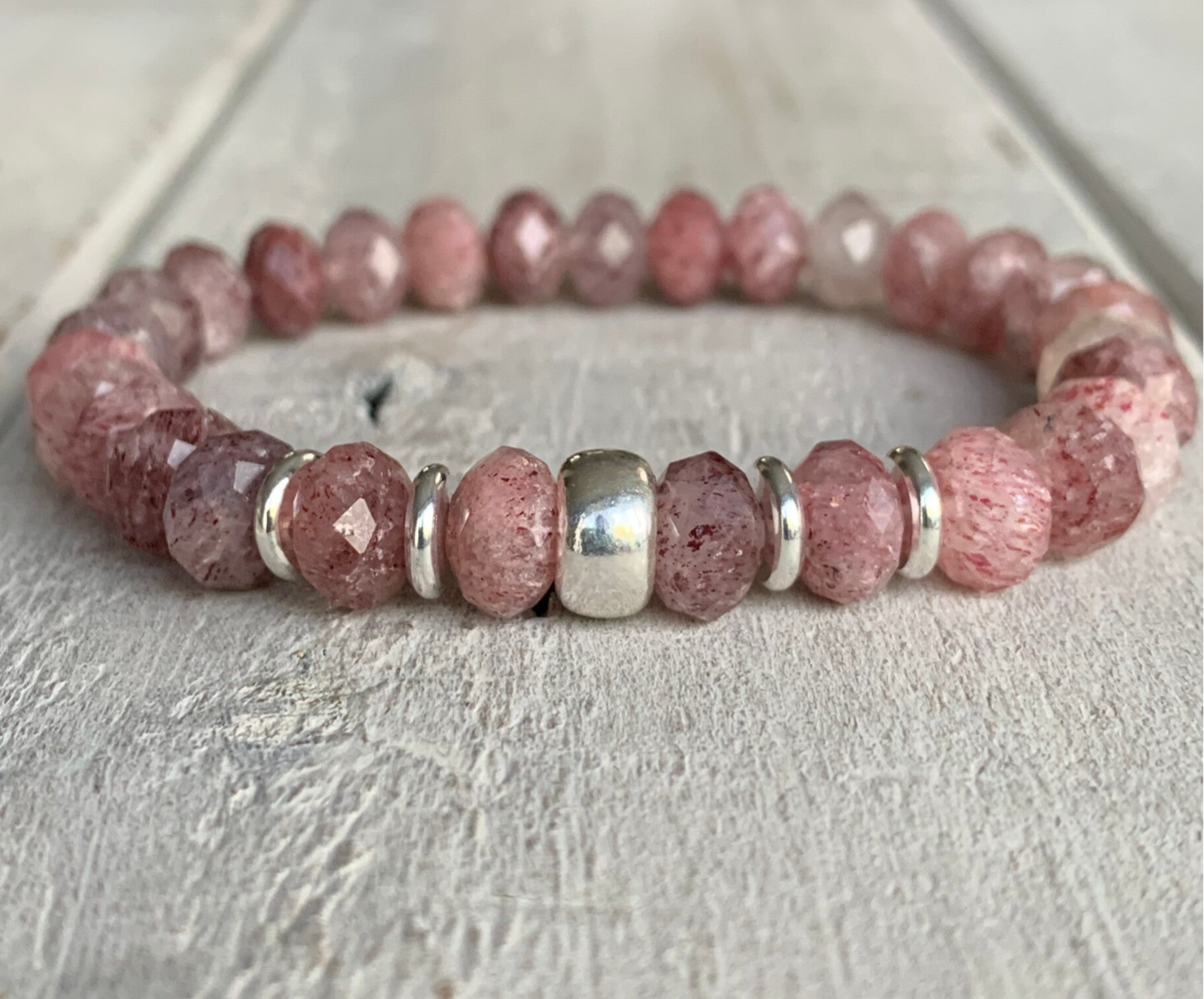 ERDBEERQUARZ Edelstein Armband | 8 mm Rondelle | 925 Sterling Silber | ERDBEERMOND