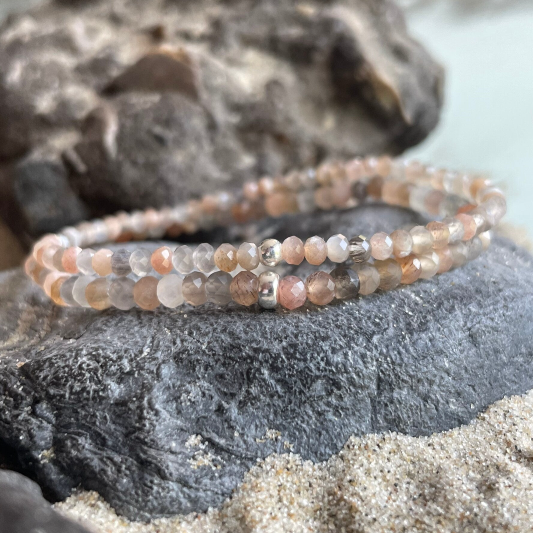 SONNEN- & MONDSTEIN Edelstein Armband | 925 Sterling Silber | 3 mm Rondelle | SOMMERTAU