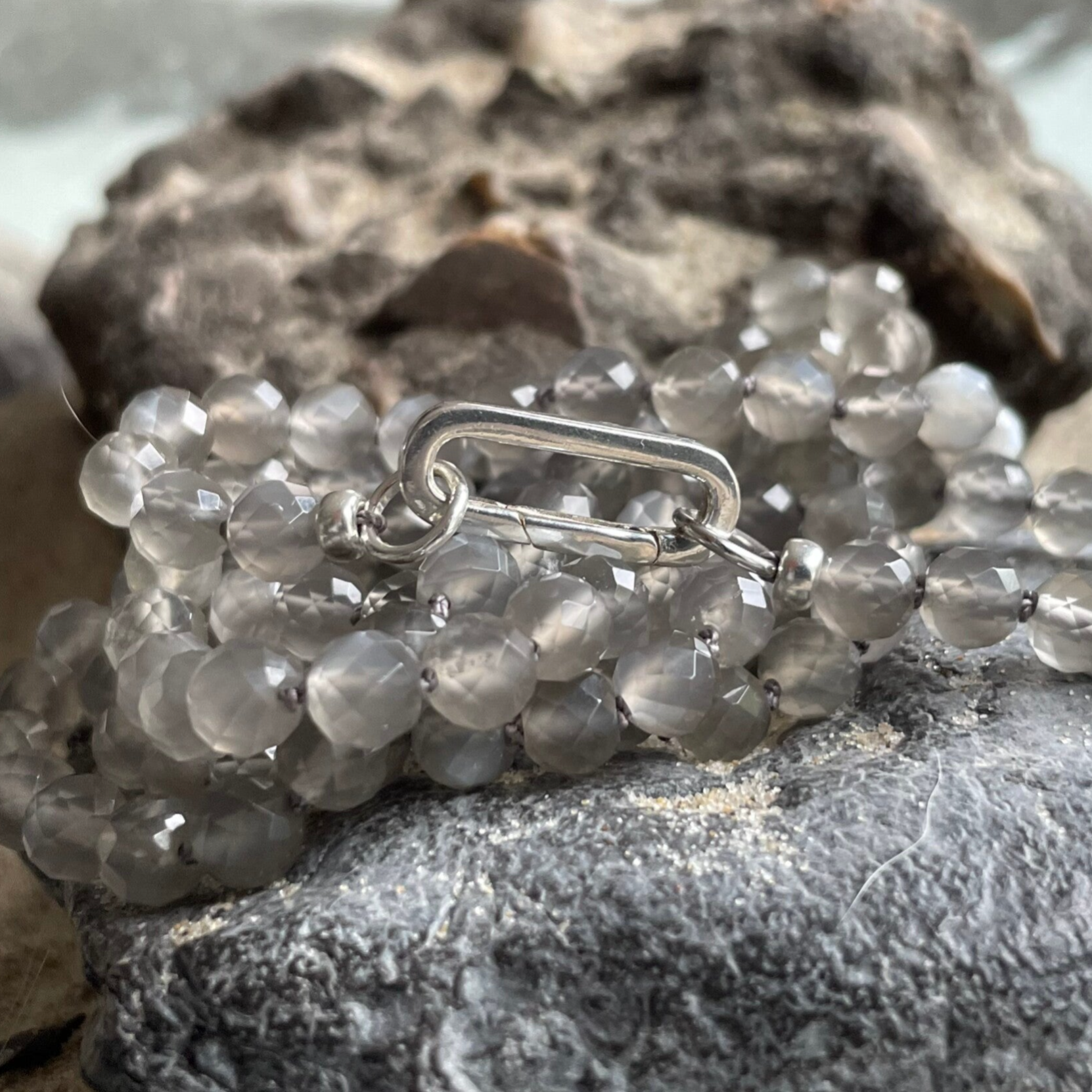 MONDSTEIN Edelstein Halskette | handgeknüpfter echter Schmuck | 925 Sterling Silber Verschluss WIRBEL RECHTECKIG | 6 mm | MONDSCHIMMER