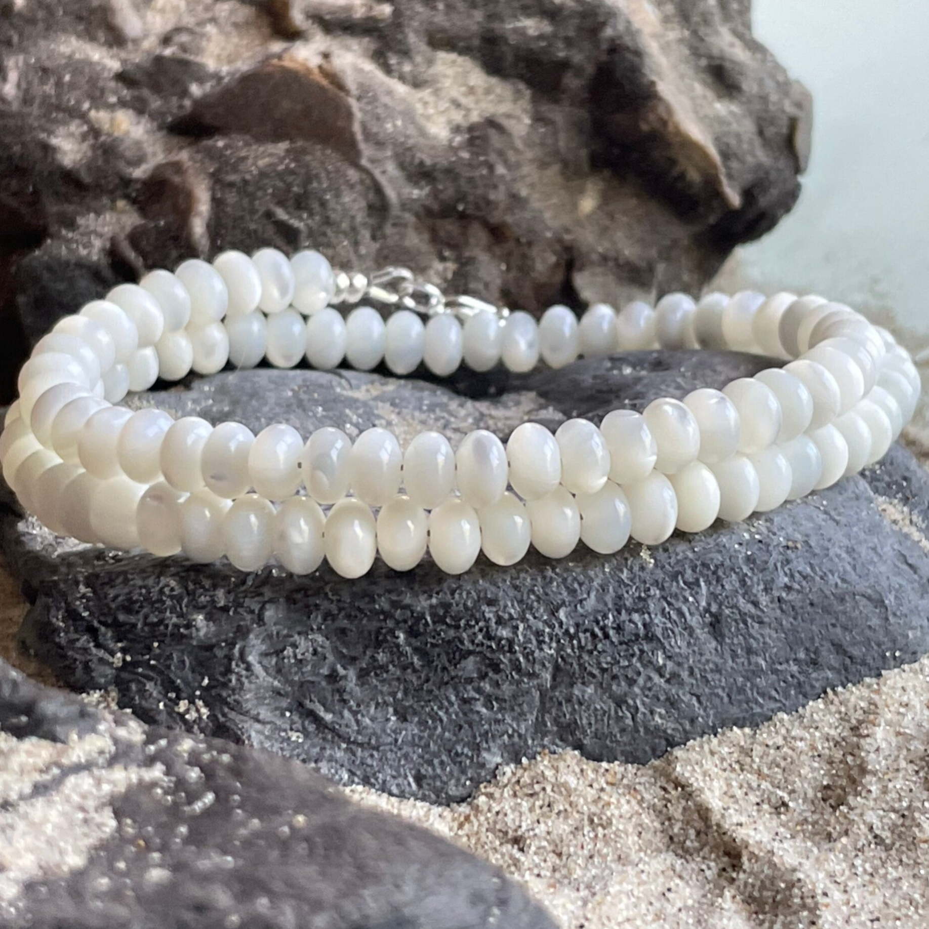 TROCHUSMUSCHEL Choker | filigrane Muschel Halskette aus Perlmutt | 925 Sterling Silber | 6 mm Rondelle | KITE-45