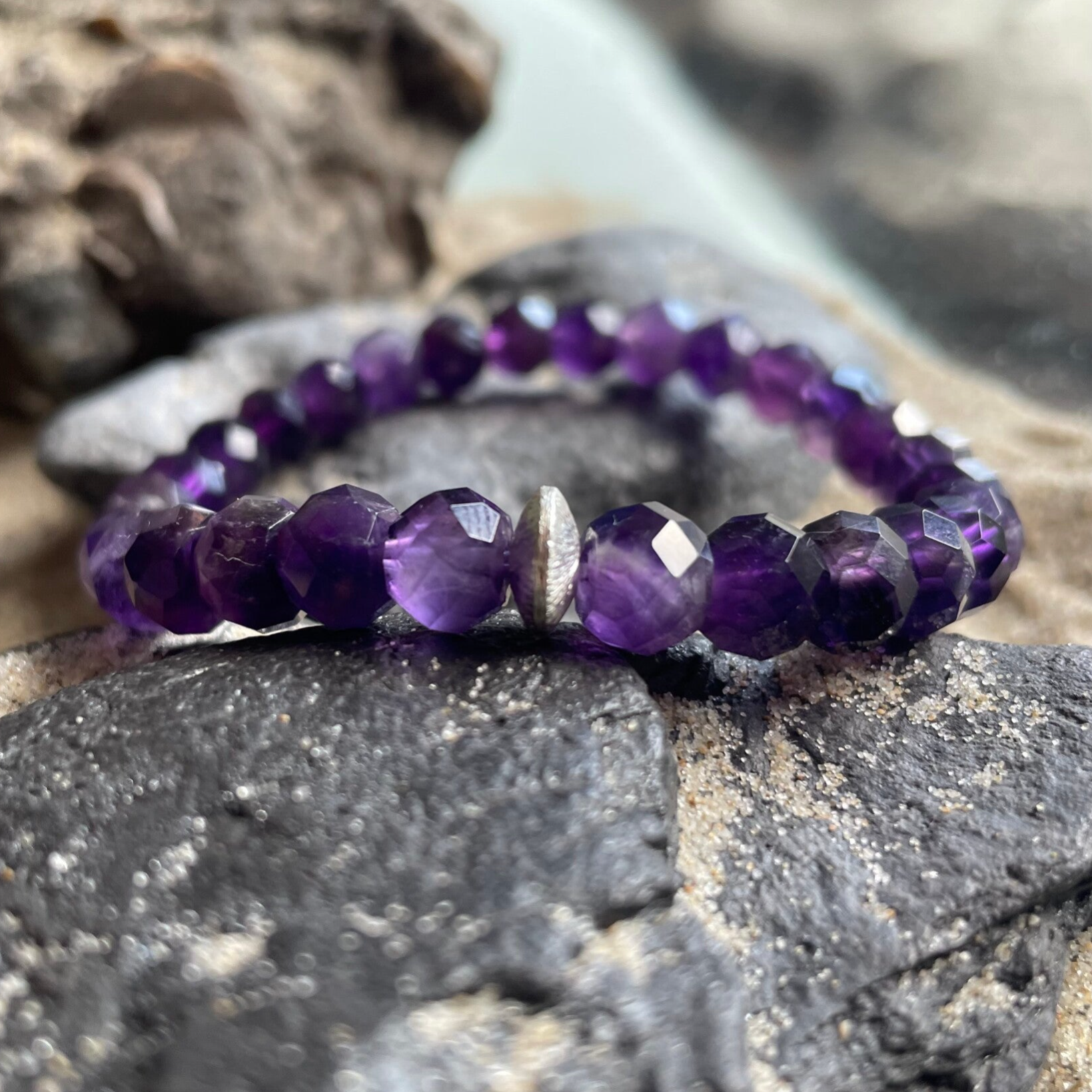 AMETHYST Edelstein Armband | minimalistischer Schmuck | 925 Sterling Silber | ca. 7,5 - 8 mm Rondelle | HEIDEBLÜTE