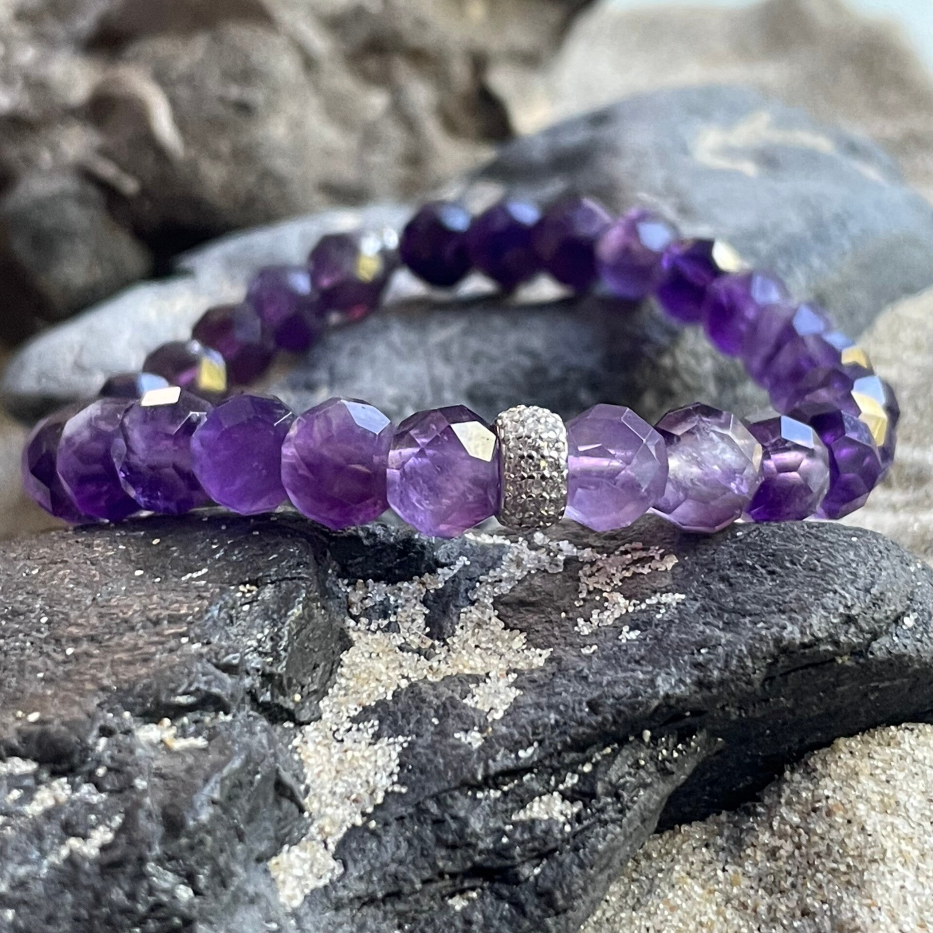 AMETHYST Edelstein Armband | minimalistischer Schmuck | 925 Sterling Silber Micro-Pavè | ca. 7,5 - 8 mm Rondelle im Farbverlauf | HEIDEBLÜTE SPARKLE