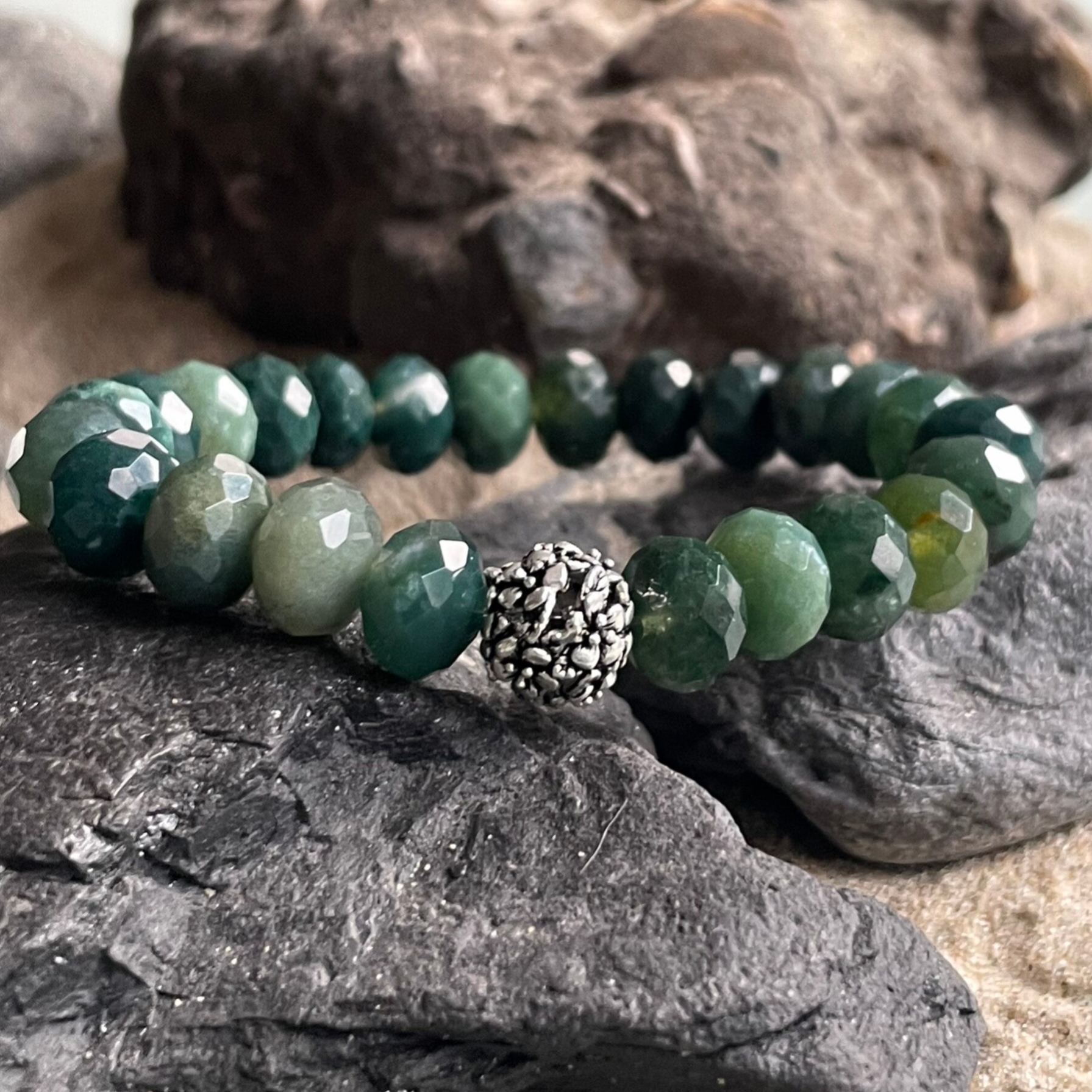 MOOSACHAT Edelstein Armband | 925 Sterling Silber | 10 mm Rondelle | WANDERLUST STREUBLÜMCHEN