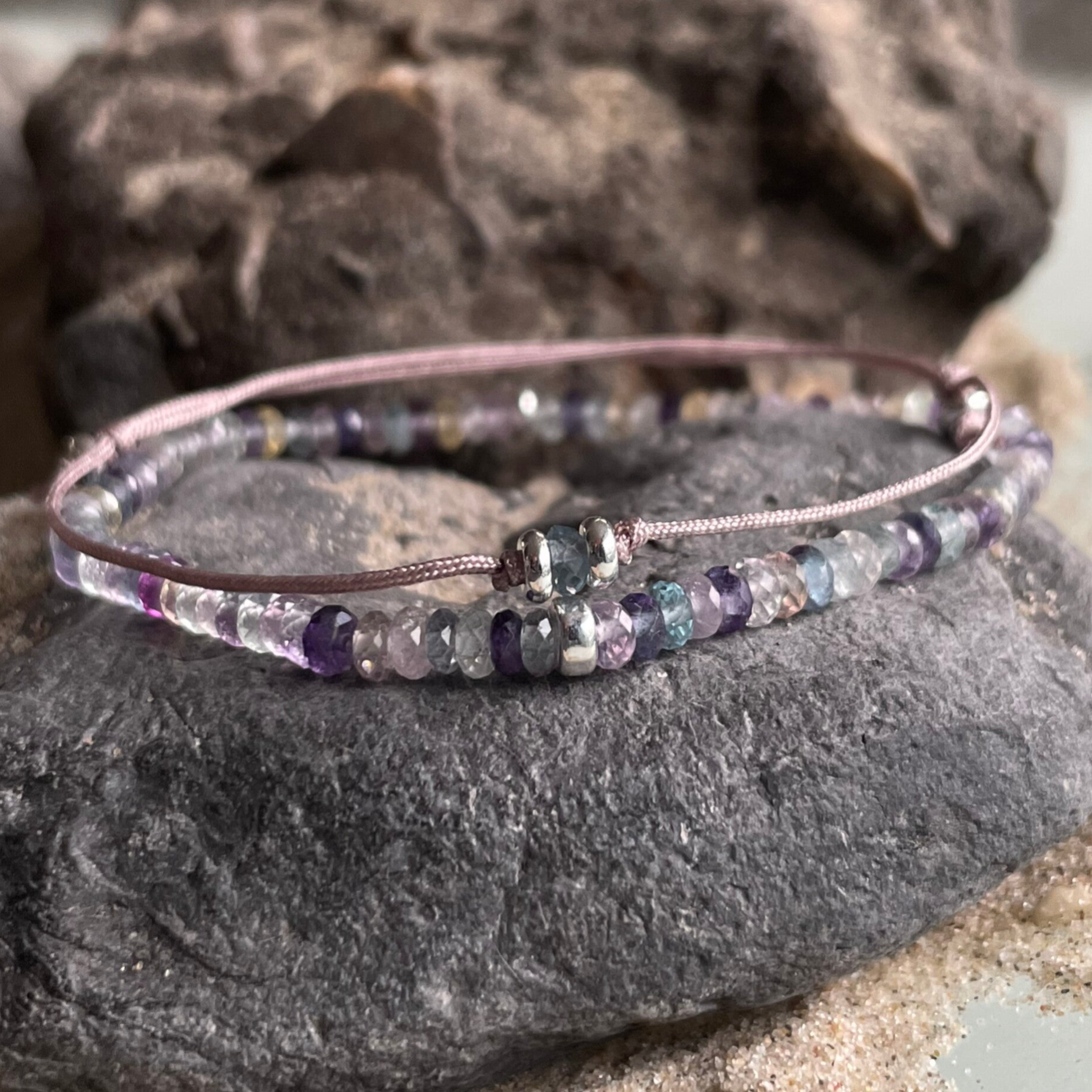 FLUORIT Edelstein Armband & MITBRINGSEL | 2-tlg. Schmuck-Set | 925 Sterling Silber | 4 mm | TEEWASSER